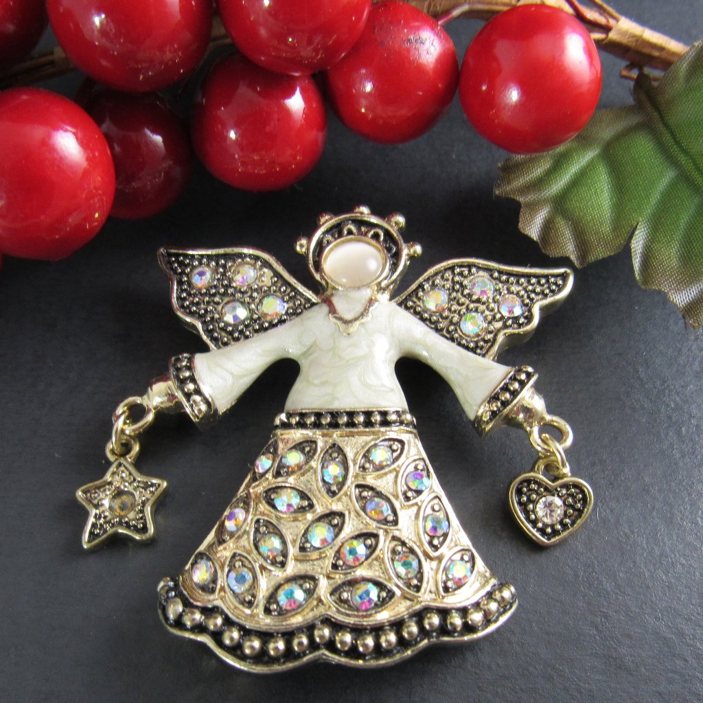 Vintage Kc Kenneth Cole Signed Angel Ab Crystal Moonglow Star Heart Brooch 25$